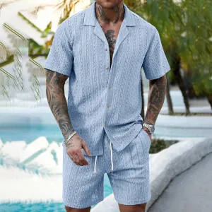 Men'S Fashion Casual Summer Solid Color Lapel Short-Sleeve Cardigan Drawstring Shorts Two-Piece Set
