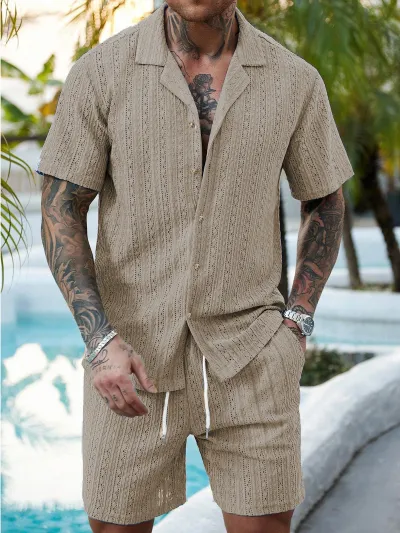 Men'S Fashion Casual Summer Solid Color Lapel Short-Sleeve Cardigan Drawstring Shorts Two-Piece Set