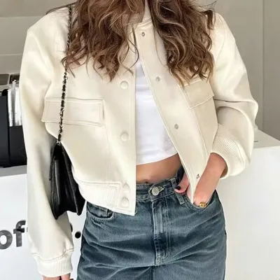 Women Fashion Casual Spring And Autumn Solid Color Pocket Long-Sleeve Jacket
