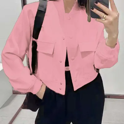Women Fashion Casual Spring And Autumn Solid Color Pocket Long-Sleeve Jacket
