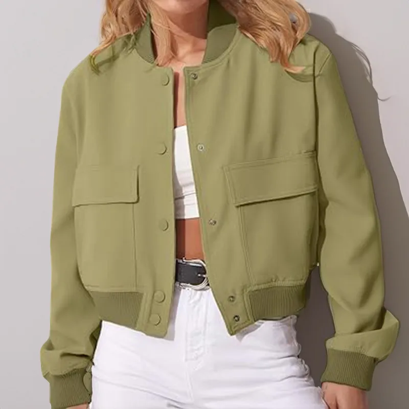 Women Fashion Casual Spring And Autumn Solid Color Pocket Long-Sleeve Jacket