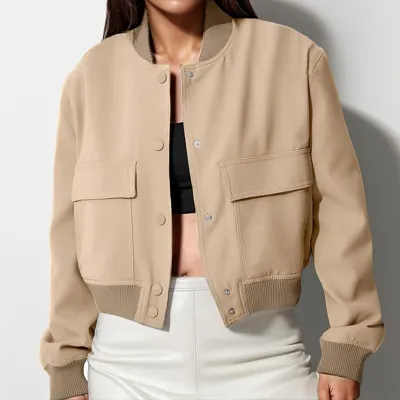 Women Fashion Casual Spring And Autumn Solid Color Pocket Long-Sleeve Jacket