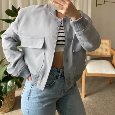 Women Fashion Casual Spring And Autumn Solid Color Pocket Long-Sleeve Jacket