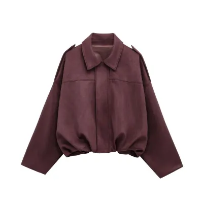 Women Fashion Casual Spring Autumn Solid Color Suede Lapel Long-Sleeve Jacket