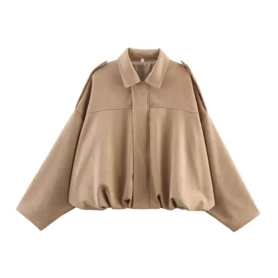 Women Fashion Casual Spring Autumn Solid Color Suede Lapel Long-Sleeve Jacket