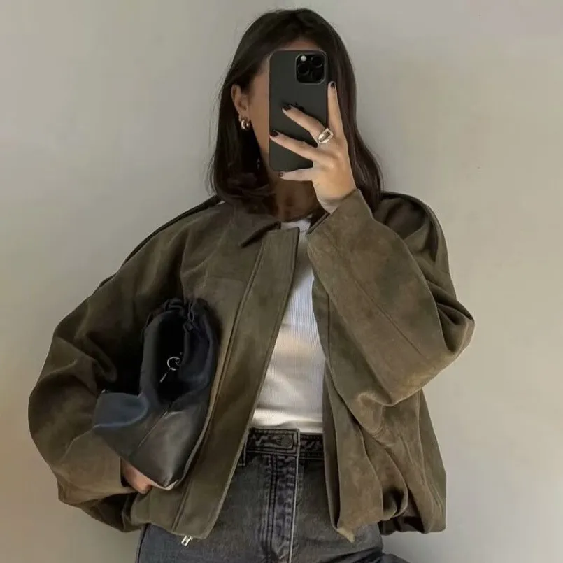 Women Fashion Casual Spring Autumn Solid Color Suede Lapel Long-Sleeve Jacket