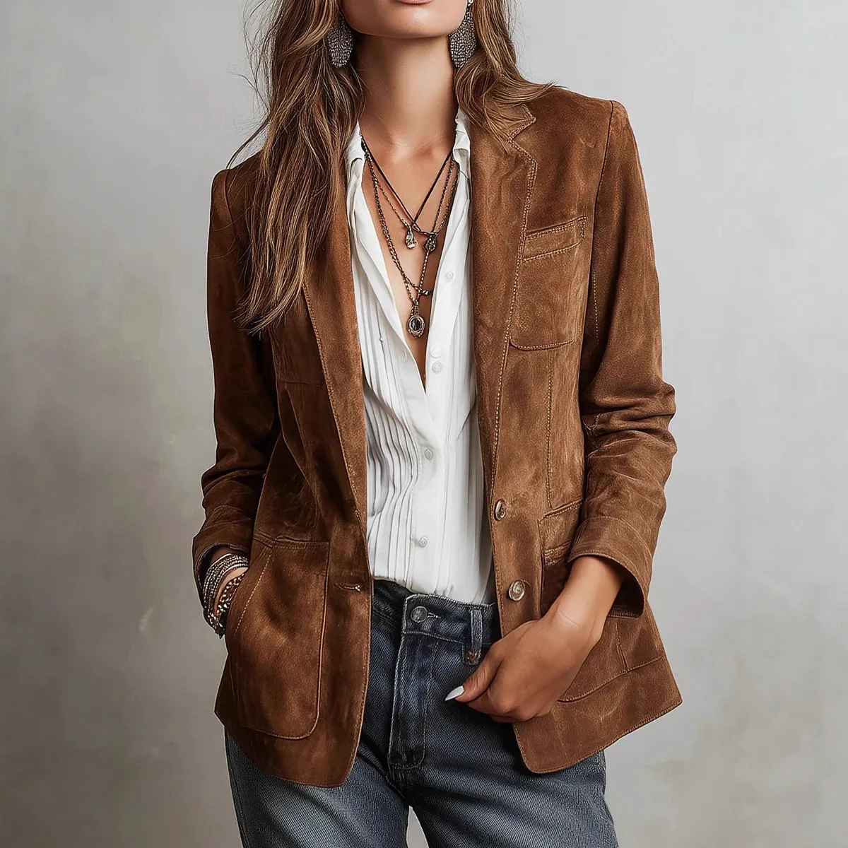 Women Fashion Casual Retro Autumn Solid Color Suede Lapel Long-Sleeve Pocket Jacket