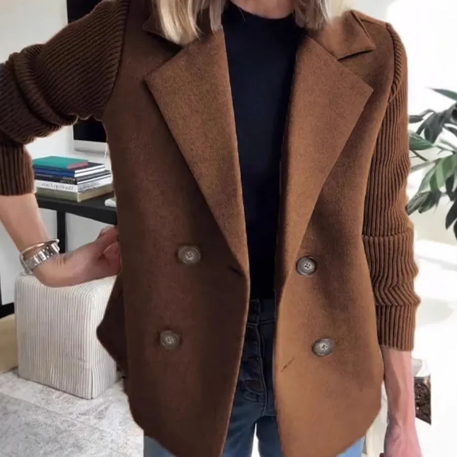 Women Fashion Casual Spring Autumn Solid Color Stitching Lapel Long-Sleeve Blazer