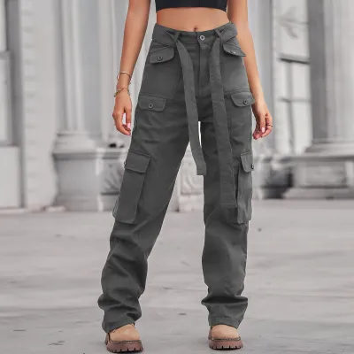 Women Fashion Casual Solid Color Washed Multi-Pocket Cargo Jeans