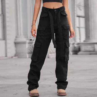 Women Fashion Casual Solid Color Washed Multi-Pocket Cargo Jeans