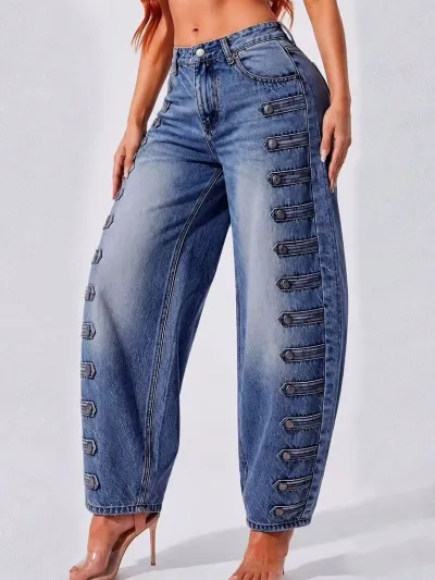 Women Fashion Casual Retro Washed Button High Waist Loose Scimitar Wide Leg Jeans