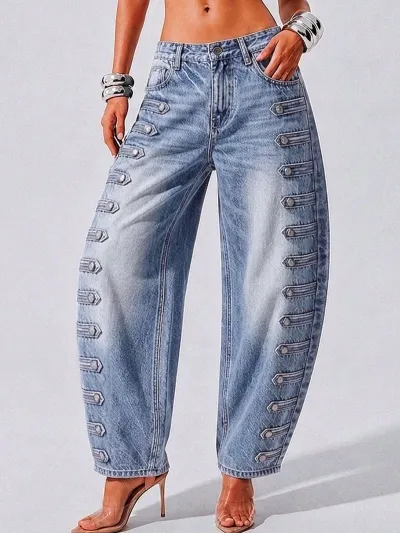 Women Fashion Casual Retro Washed Button High Waist Loose Scimitar Wide Leg Jeans