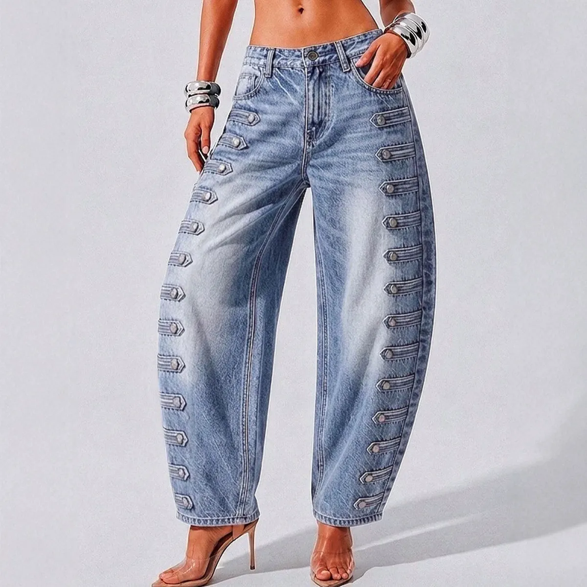 Women Fashion Casual Retro Washed Button High Waist Loose Scimitar Wide Leg Jeans