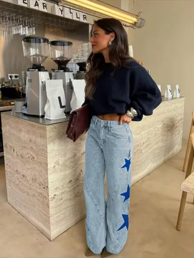 Women Fashion Casual Five-Pointed Star Loose Straight Jeans