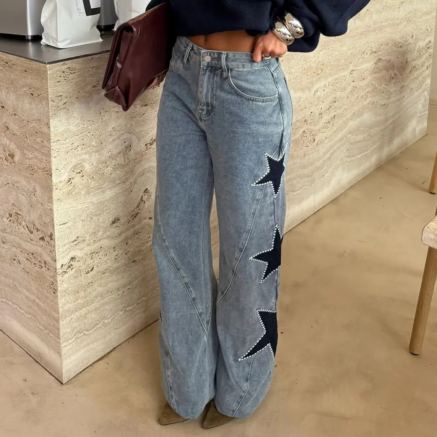 Women Fashion Casual Five-Pointed Star Loose Straight Jeans