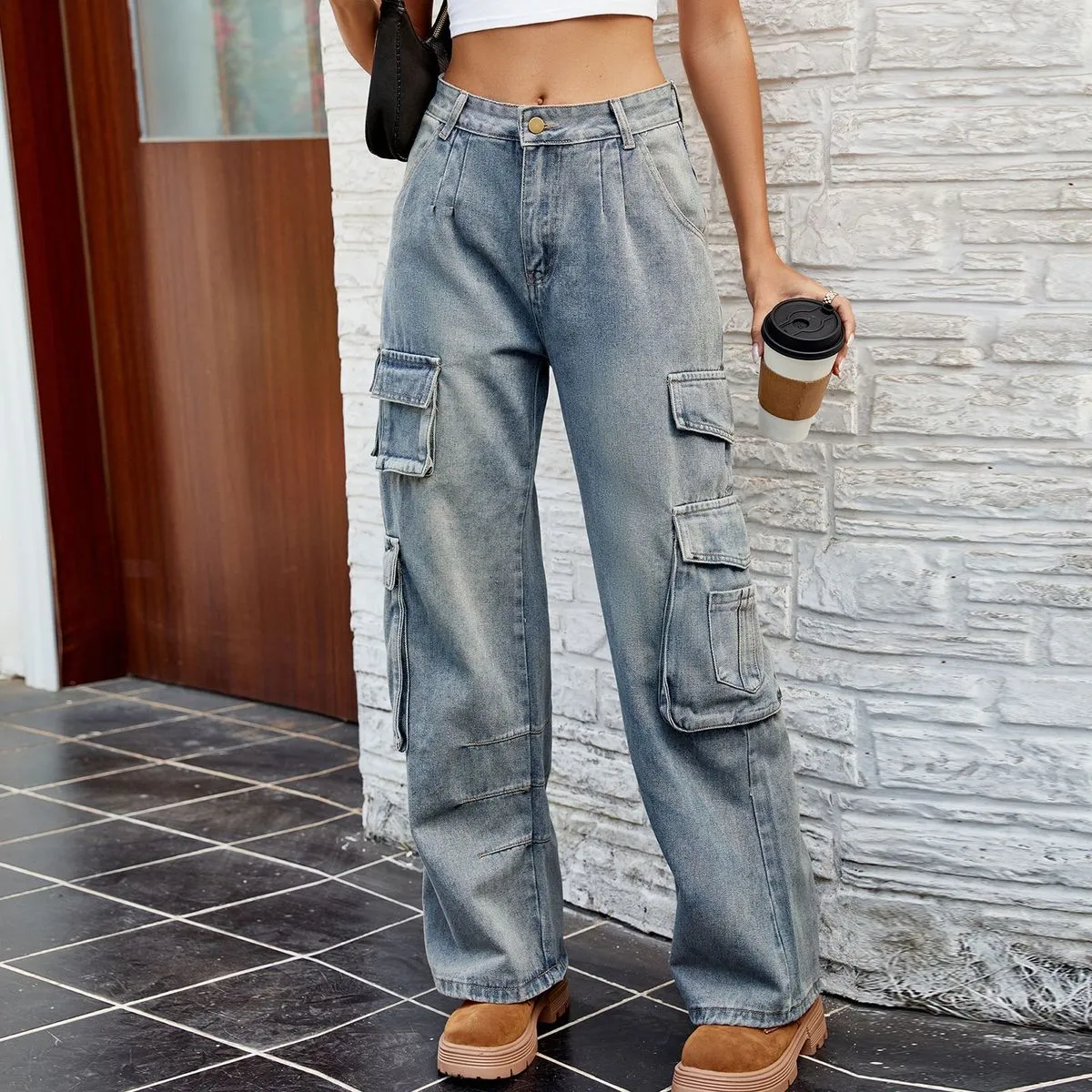 Women'S Fashion Casual Washed Semi-Elastic Loose Cargo Jeans
