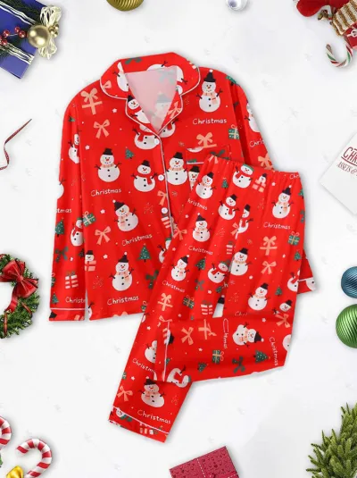 Christmas Women'S Fashion Lapel Long Sleeve Cardigan Pants Pajamas Two-Piece Set