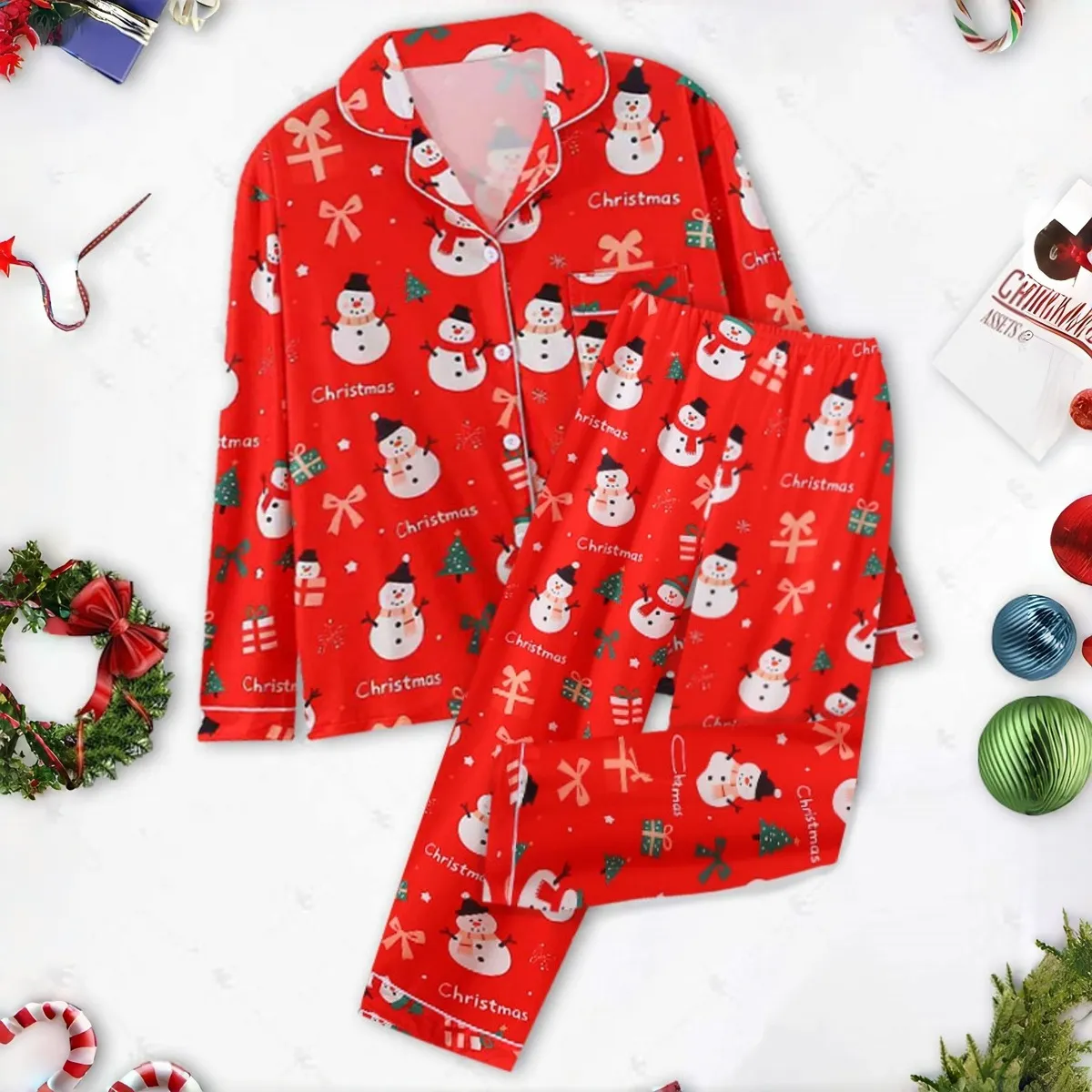 Christmas Women'S Fashion Lapel Long Sleeve Cardigan Pants Pajamas Two-Piece Set