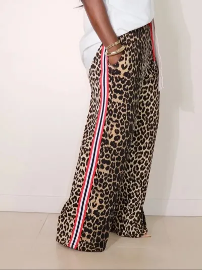 Women Fashion Casual Leopard Stripe Wide Leg Loose Pants
