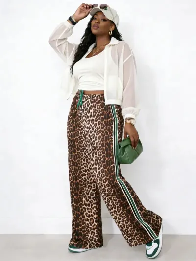 Women Fashion Casual Leopard Stripe Wide Leg Loose Pants