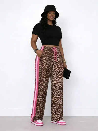 Women Fashion Casual Leopard Stripe Wide Leg Loose Pants