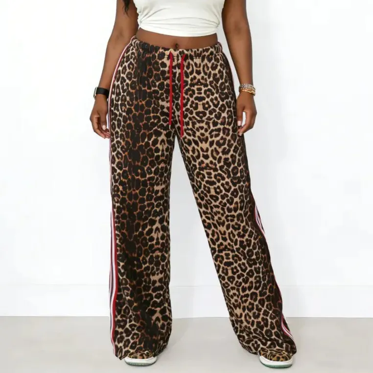 Women Fashion Casual Leopard Stripe Wide Leg Loose Pants