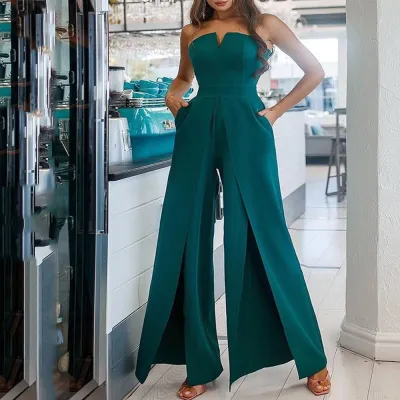 Women Fashion Sesy Summer Solid Color V-Neck Tube Top Split Slim-Fit Jumpsuit