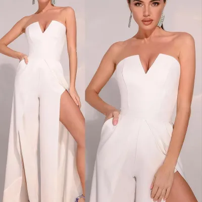 Women Fashion Sesy Summer Solid Color V-Neck Tube Top Split Slim-Fit Jumpsuit