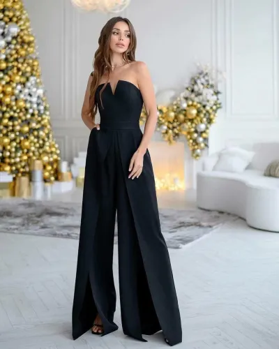 Women Fashion Sesy Summer Solid Color V-Neck Tube Top Split Slim-Fit Jumpsuit