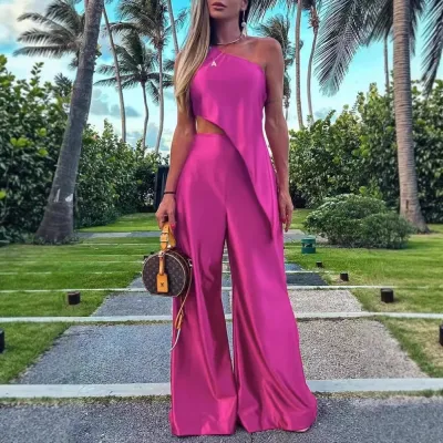 Women Fashion Casual Solid Color Off-Shoulder Sleeveless Crop Top Wide-Leg Pants Two-Piece Set