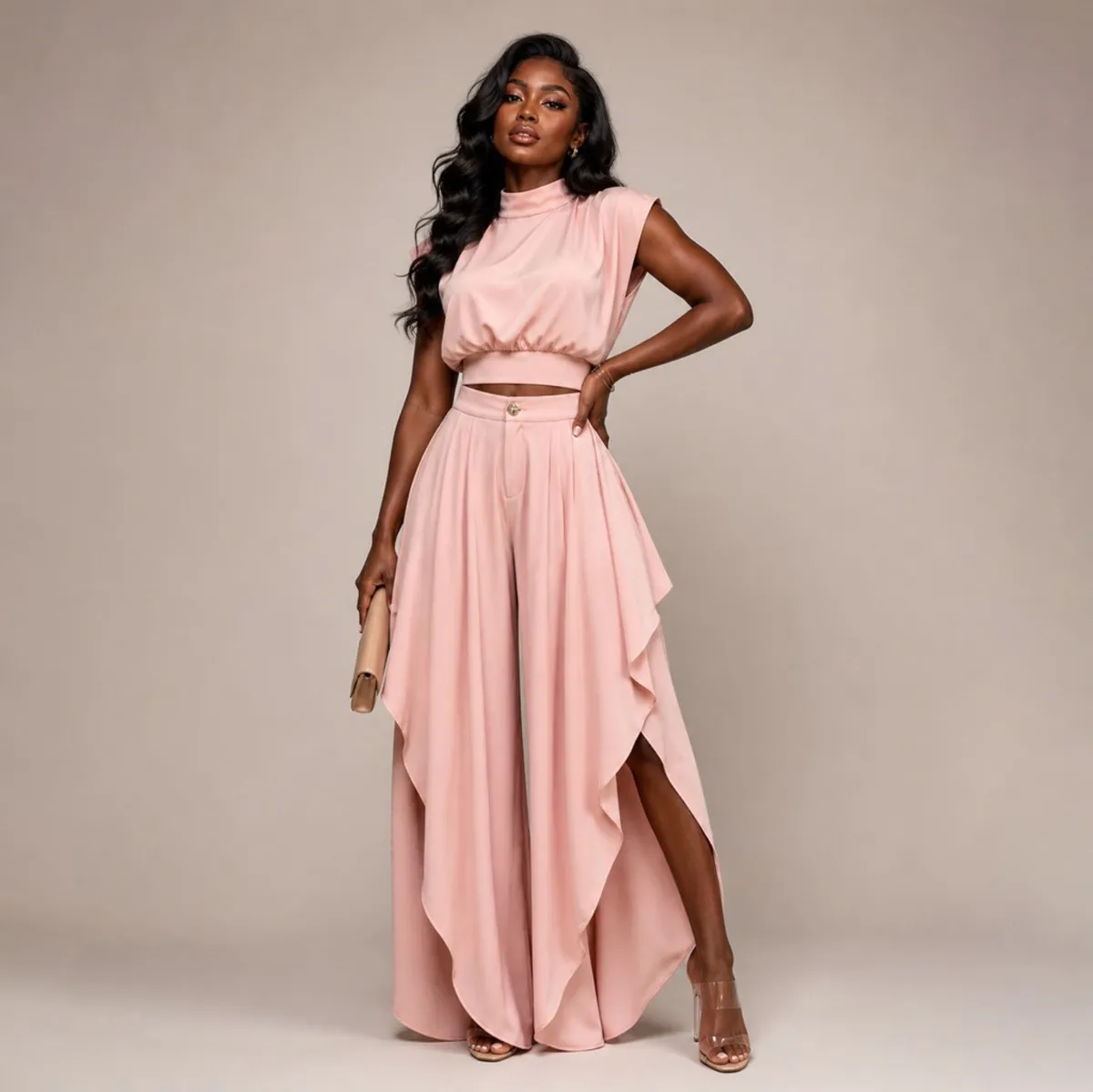 Women Fashion Solid Color Sleeveless Crop Top Irregular Ruffled Wide-Leg Pants Two-Piece Set