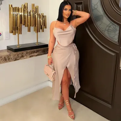 Women Fashion Sexy Solid Color Halter-Neck Crop Top Slim-Fit Lace-Up Maxi Skirt Two-Piece Set
