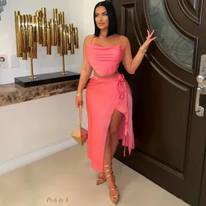 Women Fashion Sexy Solid Color Halter-Neck Crop Top Slim-Fit Lace-Up Maxi Skirt Two-Piece Set