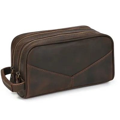 Men'S Fashion Retro Genuine Leather Travel Storage Zipper Handbag