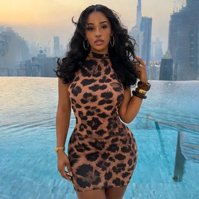 Women Fashion Sexy Leopard Print Sleeveless Tight Dress