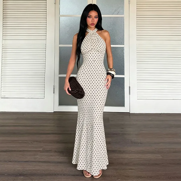 Women Fashion Sexy Summer Polka Dot Print Halter-Neck Pleated Backless Dress