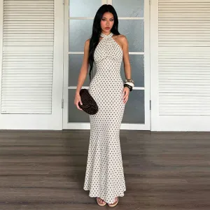Women Fashion Sexy Summer Polka Dot Print Halter-Neck Pleated Backless Dress