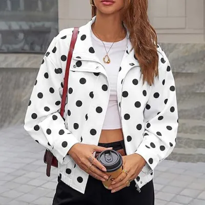 Women Fashion Casual Polka Dot Print Lapel Long Sleeve Zipper Loose Jacket