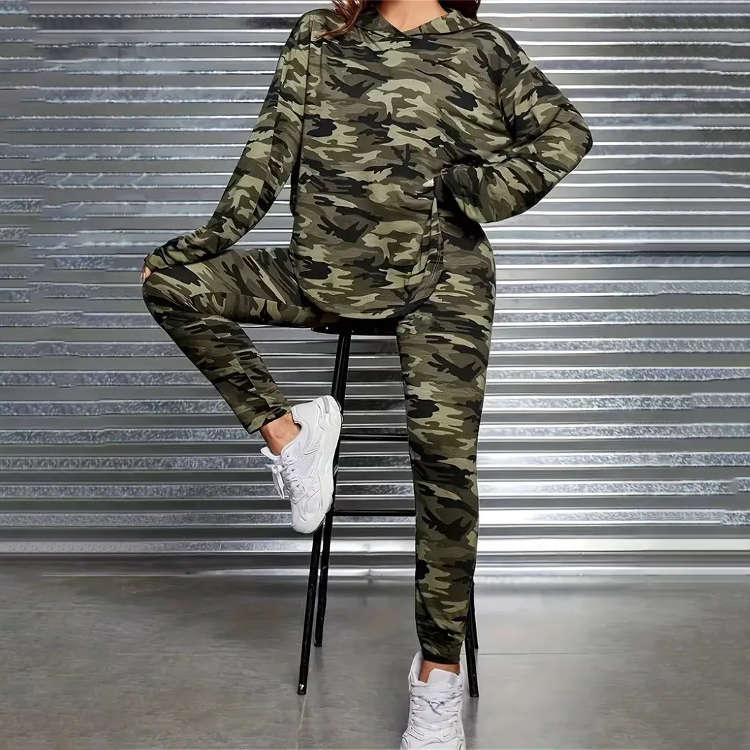 Women'S Fashion Casual Camouflage Printed Long-Sleeve Hoodies Tight Pants Two-Piece Set