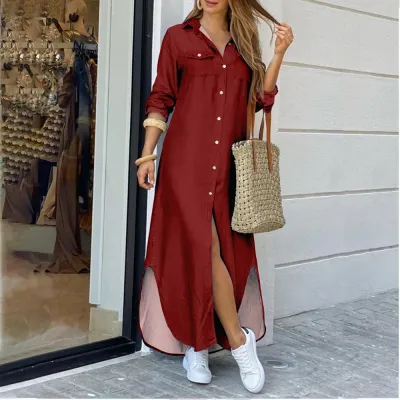 Women'S Fashion Spring And Summer Camouflage Printed Lapel Long Sleeve Loose Dress