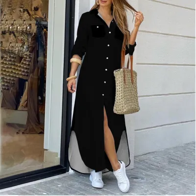 Women'S Fashion Spring And Summer Camouflage Printed Lapel Long Sleeve Loose Dress