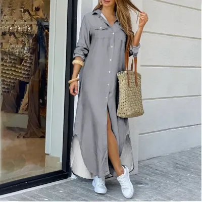 Women'S Fashion Spring And Summer Camouflage Printed Lapel Long Sleeve Loose Dress