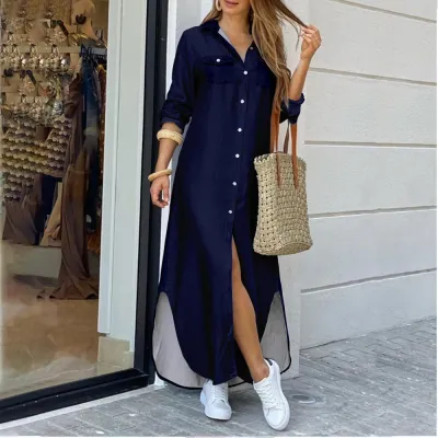 Women'S Fashion Spring And Summer Camouflage Printed Lapel Long Sleeve Loose Dress