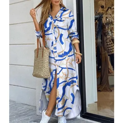 Women'S Fashion Spring And Summer Camouflage Printed Lapel Long Sleeve Loose Dress