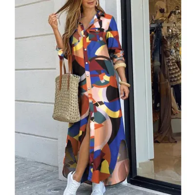 Women'S Fashion Spring And Summer Camouflage Printed Lapel Long Sleeve Loose Dress