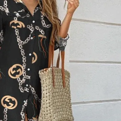 Women'S Fashion Spring And Summer Camouflage Printed Lapel Long Sleeve Loose Dress