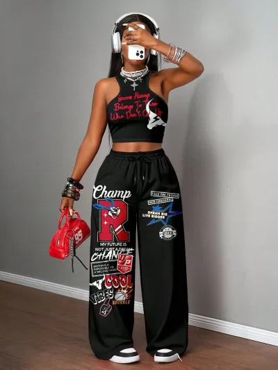 Women Fashion Casual Camouflage Printed Tank Top Wide Leg Pants Two-Piece Set
