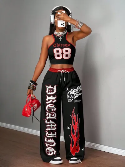 Women Fashion Casual Camouflage Printed Tank Top Wide Leg Pants Two-Piece Set