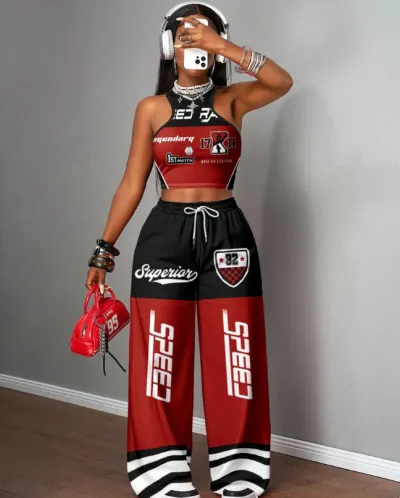 Women Fashion Casual Camouflage Printed Tank Top Wide Leg Pants Two-Piece Set