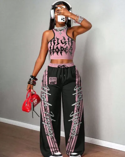 Women Fashion Casual Camouflage Printed Tank Top Wide Leg Pants Two-Piece Set